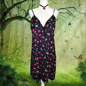 Boho Lati Fashion Strawberry Print Navy Blue Two Piece Slip Dress & Robe